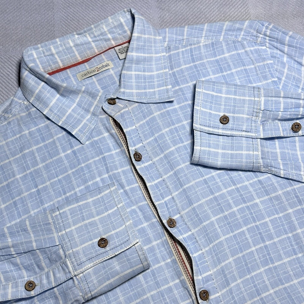 Carbon 2 Cobalt Blue Plaid Linen‎ Blend Button Up Shirt Men's Size Large